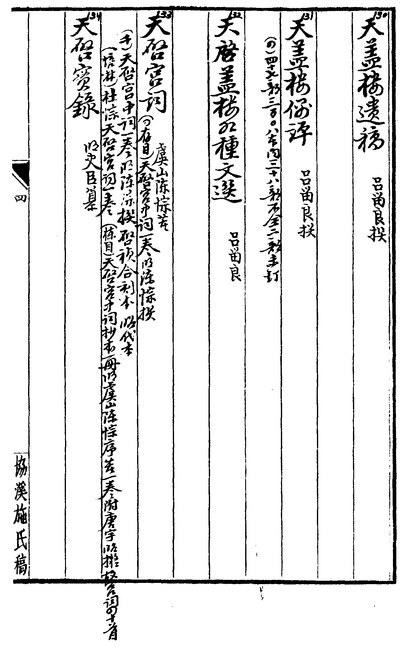 天潮閣集 天潢譜 天蓋樓四書語録 天蓋樓遺稿 天蓋樓偶評 天蓋樓各種文選 天啓宮詞 天啓實録 天啓古文 天平集 天下名家詩觀 天垣疏略 天聽樓偶興 天元玉曆 天元玉曆祥異賦 天崇文讀本 天問閣文集 天傭子集 天外談 天然瞎堂詩集 天然和尚語録 天風(fēng)堂集